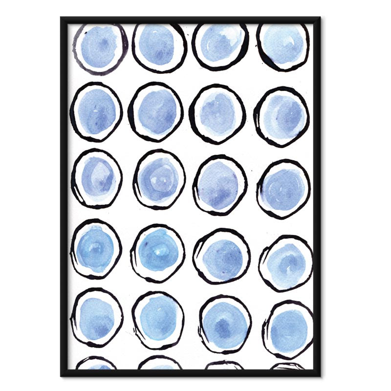 Blue Circles kunstplakat i sort aluminiumsramme – af Mette Handberg