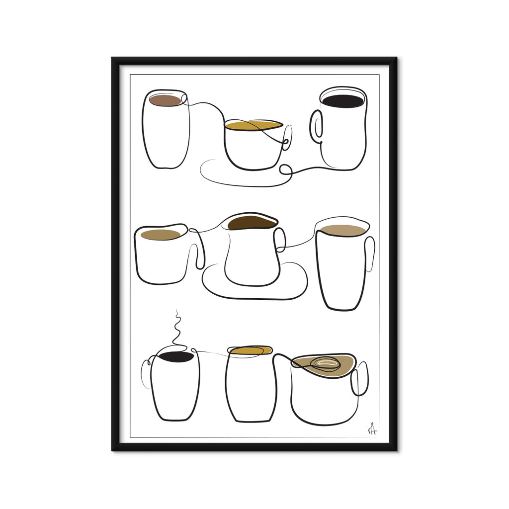 Kaffekop kunstplakat med sort aluminiumsramme