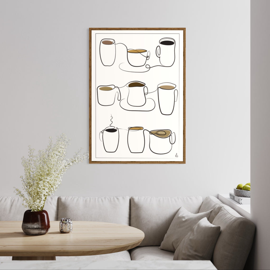 Kaffekop kunstplakat i sofahjørnet