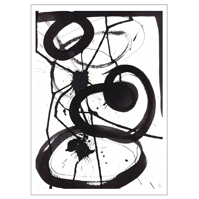 Reflections – abstrakt kunstplakat af Mette Handberg, sorte impulsive blækstrøg på hvid baggrund