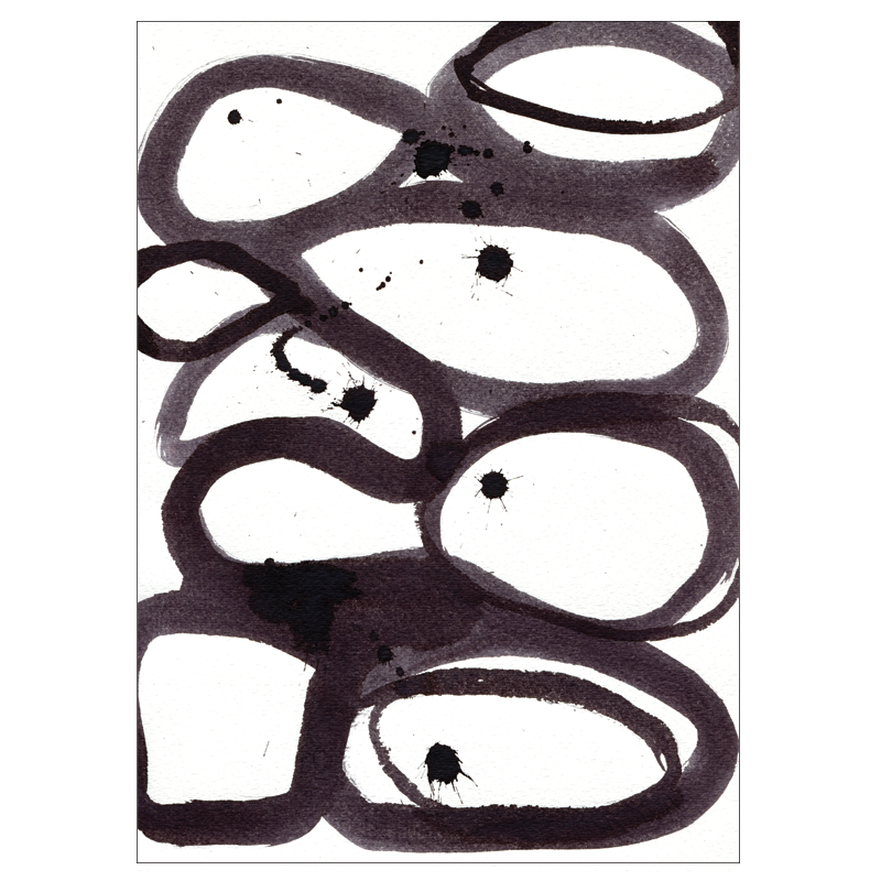 Scribbles – abstrakt kunstplakat af Mette Handberg, sorte penselstrøg i runde former på hvid baggrund